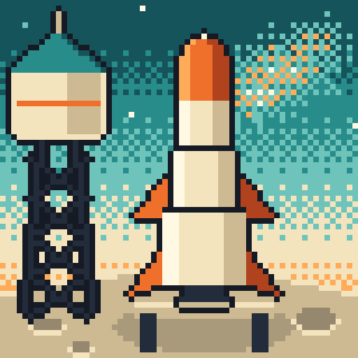 Sample rocket 1: orange and cream rocket beside an orange gantry, big moon